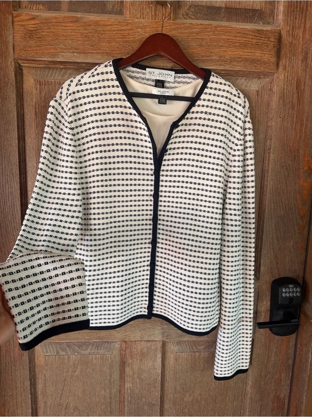 St. John Collection Cream and Black Knit Open-Front Jacket